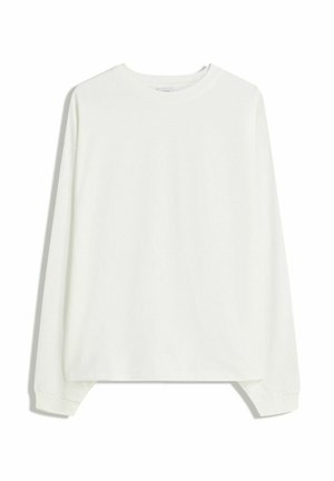 Plain long-sleeve white crew neck shirt with ribbed cuffs and a relaxed fit displayed on a white background.