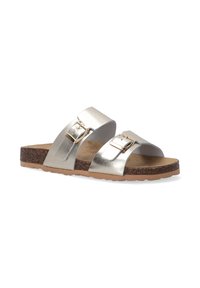 Silver metallic slide sandals with two adjustable straps and gold-tone buckles. Cork midsole and textured rubber outsole. Casual design.