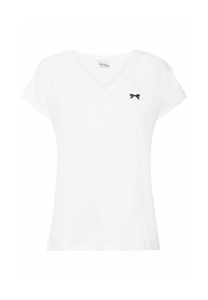 Bela majica s V-izrezom, izdelana iz bombaža, z kratkimi rokavi in malim črnim lokom izvezenim na levem prsnem delu. Preprost in klasičen dizajn.