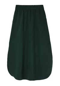 Een donkergroene rok met een elastische tailleband en een vloeiende uitstraling. Soepele textuur met zijsplitten en een afgeronde zoom.