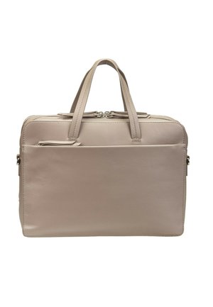 Beige Lederaktentasche mit zwei Griffen, vorderer Reißverschlusstasche und obenliegendem Doppelreißverschluss, entworfen für den professionellen Gebrauch.