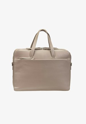 Beige leather briefcase with two handles, front zip pocket, and top double zipper closure, designed for professional use.