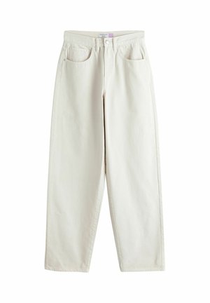 Jeans a gamba larga color bianco sporco a vita alta con chiusura frontale a bottone e cerniera, passanti per cintura e due tasche frontali, mostrati distesi su sfondo bianco.