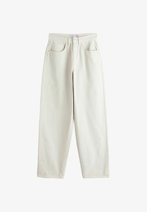 Blugi largi, cu talie înaltă, de culoare alb-crem, cu nasture în față, închidere cu fermoar, bucle pentru curea și două buzunare frontale, prezentați așezați plat pe un fundal alb.