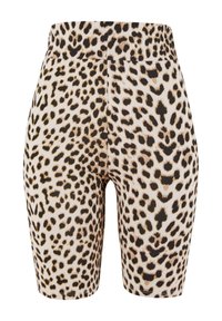 Leopard print bike shorts with a high waist, made of stretchy fabric. The design features a pattern of black spots on a beige background.