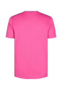 Kurzärmeliges T-Shirt in leuchtendem Pink, aus Baumwolle. Es hat einen runden Ausschnitt und eine glatte Textur ohne sichtbare Muster oder Akzente.