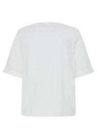 Einfaches weißes Kurzarm-T-Shirt mit rundem Ausschnitt, von hinten auf weißem Hintergrund dargestellt.