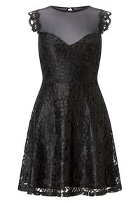 Zwart mouwloos kanten jurkje met bloemenpatroon, doorschijnend bovenlijf van mesh en kapmouwtjes, uitlopende rok.