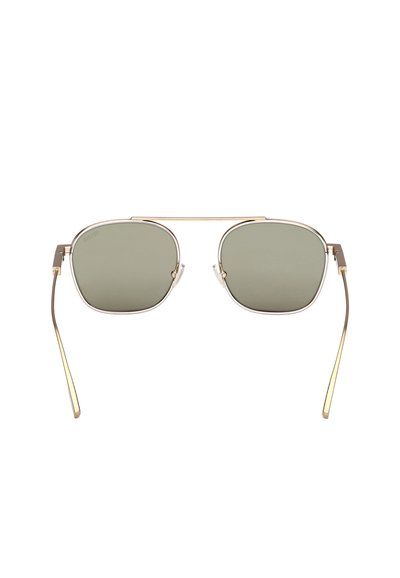 Gold metal-framed sunglasses with rectangular gray-green lenses and a thin double bridge, shown from the front on a white background.