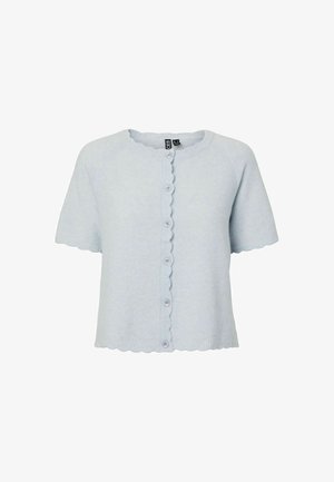 Lyseblå kortermet strikket cardigan med bølgete kanter og knappelukking foran.