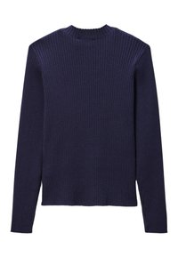 Pull en maille côtelée marine avec des manches longues et un col montant, présentant une coupe droite et un tissu texturé. Pas de logos visibles ni de motifs.