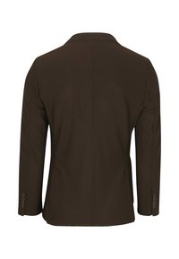 Brauner Blazer aus strukturiertem Stoff, mit strukturierten Schultern, langen Ärmeln und einem einzelnen Knopfverschluss mit detaillierter Naht.
