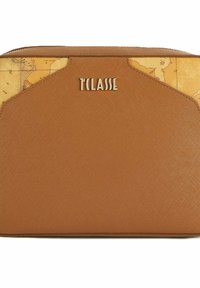 Borsa a tracolla sintetica marrone con superficie in finta pelle testurizzata e un motivo mappa come dettaglio, con logo dorato sulla parte anteriore.