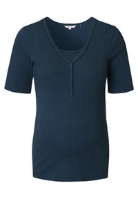 Donkerblauwe korte mouwen ribgebreide zwangerschapsbloes met V-hals, drukknoopjes en een binnenlaag bij de hals.
