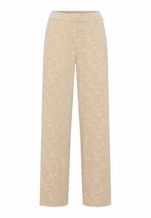 Beige wide-leg pants made of textured fabric with a subtle floral pattern, featuring an elastic waistband for ease of wear.