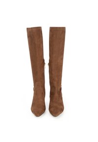 Botas de ante marrón hasta la rodilla con punta afilada, que presentan adornos de cremallera dorada en el lado exterior para facilitar el uso. Textura suave en toda su superficie.