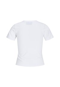 Vit kortärmad T-shirt, rund halsringning, figurnära design, mjukt bomullstyg, inga synliga mönster eller detaljer på baksidan.