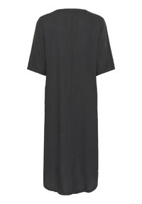 Robe noire, longueur genou avec des manches courtes, fabriquée en tissu léger. Présente un design simple et une silhouette droite.