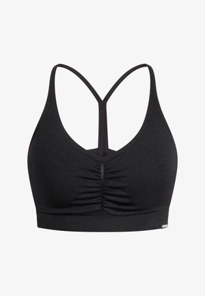 Soutien-gorge de sport noir avec un décolleté en V, un devant froncé et de larges bretelles avec un dos nageur. Fabriqué en tissu doux et extensible.