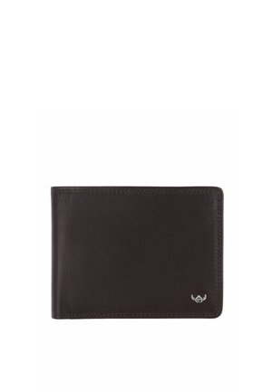 Dark brown leather bifold wallet with a small silver logo in the bottom right corner on a white background.