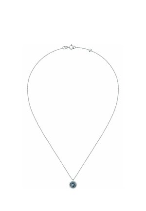 Delicate silver chain necklace with a single round light blue gemstone pendant and a small circular clasp closure.