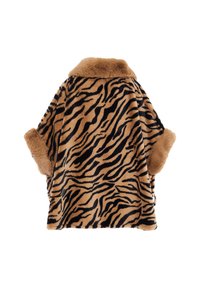 Palton din blană sintetică cu un model în dungi de tigru, în nuanțe de maro și negru. Are un guler moale, mâneci scurte și un design larg, supradimensionat.
