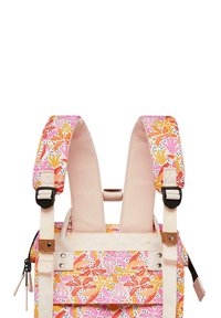 Colorful backpack with a floral pattern in shades of pink, orange, and yellow. Features padded, adjustable straps and a zip closure.
