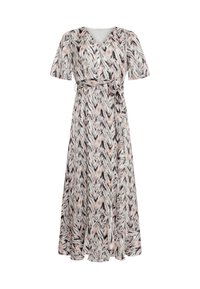 Maxikleid mit Zickzackmuster in Schwarz, Weiß und Rosa, mit V-Ausschnitt, kurzen Ärmeln und einem Taillengurt.