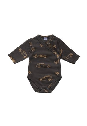Czarny body niemowlęcy z długim rękawem, z brązowymi nadrukami starych samochodów i zatrzaskami na dole oraz z przodu typu kopertowego z boku.