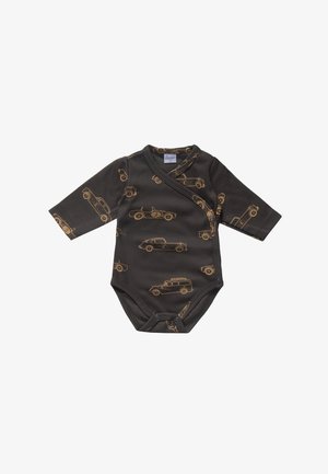 Zwarte baby romper met lange mouwen en bruine vintage auto prints, met drukknoopsluiting onderaan en overslag aan de zijkant voor.