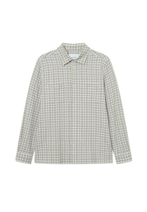 Beige Button-up-Hemd mit einem karierten Muster in Grün und Braun, ausgestattet mit einem Kragen, langen Ärmeln und zwei Fronttaschen.