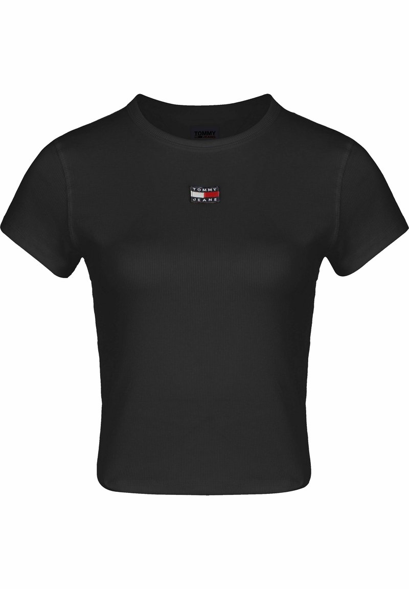 Top corto negro de manga corta hecho de tejido acanalado. Presenta un pequeño parche con el logo multicolor de Tommy Jeans en el pecho.