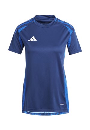 Maillot de sport bleu marine en tissu léger, avec des manches courtes, un col ras du cou et des accents bleus sur les côtés et les épaules.