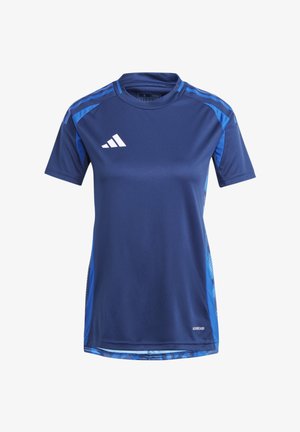 Maillot de sport bleu marine en tissu léger, avec des manches courtes, un col ras du cou et des accents bleus sur les côtés et les épaules.