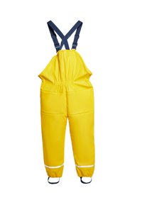 Ryškiai geltonas nepralaidus vandeniui kombinezonas su tamsiai mėlynomis petnešomis, elastinga juosmens juosta ir baltais atspindinčiais raštais ties kulkšnimis, užtikrinančiais matomumą.