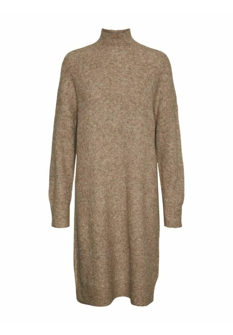 Abito lavorato a maglia a maniche lunghe di colore marrone chiaro con collo alto. Presenta una vestibilità rilassata e una consistenza morbida, adatto per un look casual.