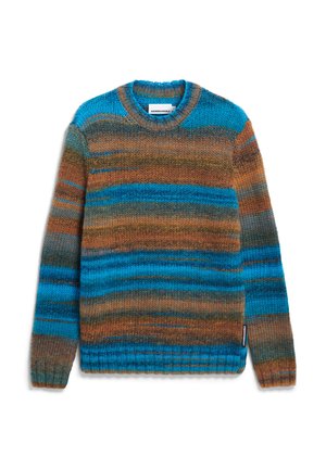 Gestrickter Pullover mit Rundhalsausschnitt, mehrfarbigen Streifen in Blau, Braun und Grün sowie gerippten Bündchen und Saum für Struktur.