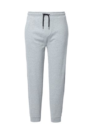 Pantalones de chándal gris claro, hechos de tela suave, con cintura ajustable con cordón, bolsillos laterales y puños con ajuste en los tobillos.