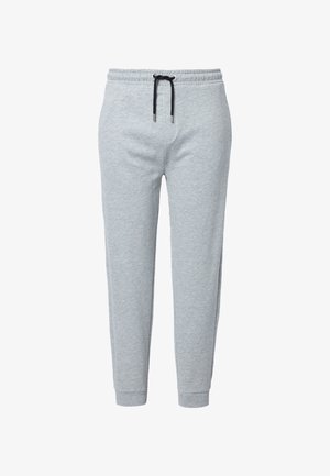 Pantalones de chándal gris claro, hechos de tela suave, con cintura ajustable con cordón, bolsillos laterales y puños con ajuste en los tobillos.