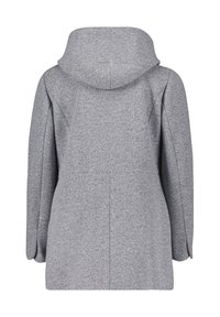 Grau melierter Wollmischmantel mit Kapuze, lockerer Passform und Nahtdetails, breiten Ärmeln und glattem, strukturiertem Stoff.