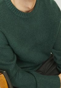 Grüner Wollpullover mit einem gerippten Rundhalsausschnitt, strukturiertem Stoff und langen Ärmeln, gezeigt mit einer Nahaufnahme des Oberkörpers und des Arms.