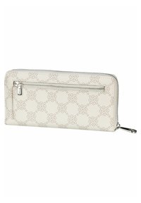 White leather wallet with embossed pattern, zippered closure, and a back pocket. Features metal hardware and a sleek rectangular shape.