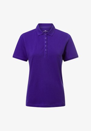 Paarse polo shirt van katoen, met een kraag, korte mouwen en een knoopsluiting met vijf knopen. Glad textuur en klassiek design.