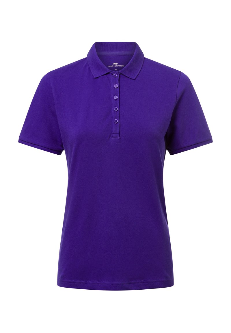 Fialové polo triko vyrobené z bavlny, s límečkem, krátkými rukávy a légou se pěti knoflíky. Hladká textura a klasický design.