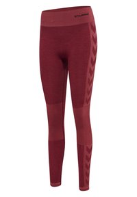 Bordeaux naadloze legging met donkerder chevronpatroon aan de zijkanten en mesh panelen op de dijen en kuiten, met merk "hummel" op de tailleband.