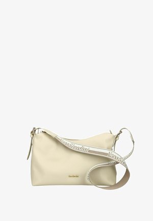 Beige Leder-Schultertasche mit verstellbarem Riemen, versehen mit dem "NeroGiardini"-Logo, goldener Markenplakette und Reißverschlussverschluss oben.