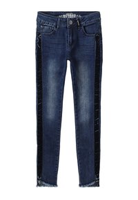 Jeans ajustados en denim de lavado oscuro con paneles laterales de terciopelo. Cuenta con un dobladillo deshilachado, diseño clásico de cinco bolsillos y cierre de botón metálico.