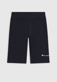 Shorts da ciclismo in cotone blu navy con elastico in vita. Presentano un piccolo logo Champion bianco e rosso sul lato inferiore destro.