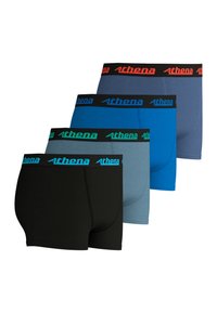 Boxers pour hommes disponibles en quatre couleurs : noir, bleu marine, bleu clair et bleu, avec des ceintures élastiques arborant le logo "Athena" dans des couleurs contrastantes.