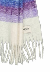 Gradient scarf featuring shades of blue and purple, with a white fringed edge and a stitched label reading "BARTS." Soft texture.